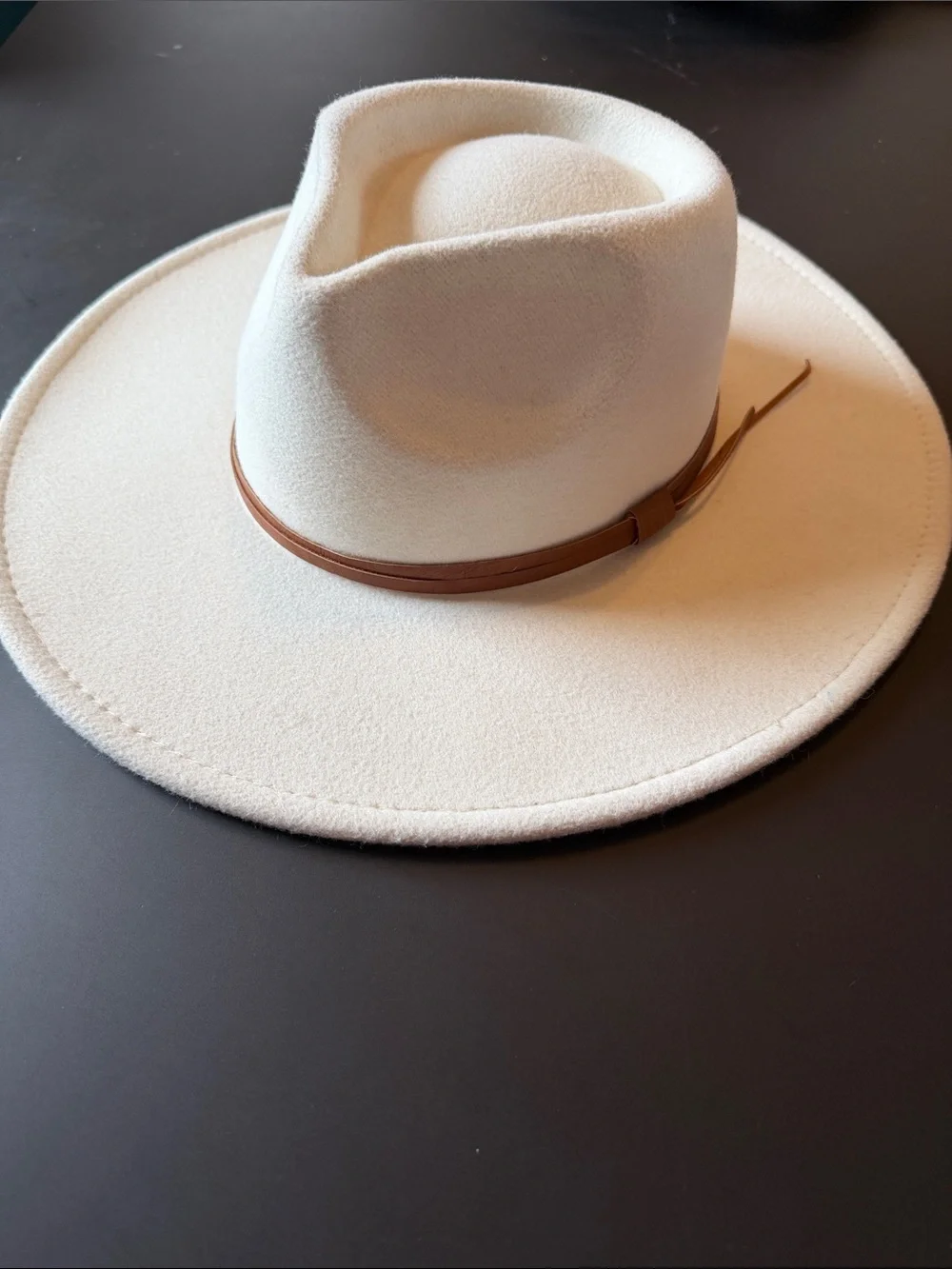 Frye Cream Wide-Brim Felt Hat with Brown Leather Band